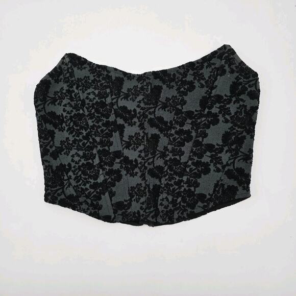 Anthropologie Top Womens Small Gray Black Strapless Crop Brocade Velvet Floral - Picture 1 of 8